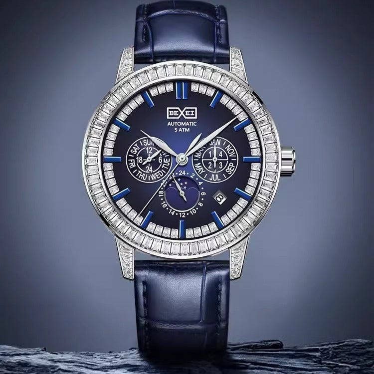 Mechanical Cool Advanced Men's Watch with blue dial, 10mm thick, gift box packaging, casual polished style.