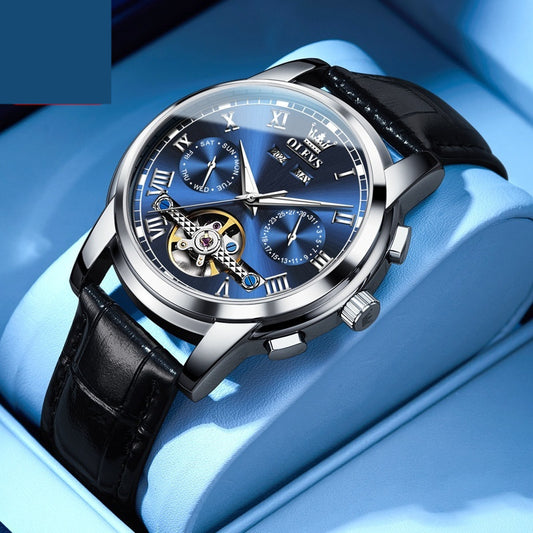 Olevs Waterproof Luminous Multifunctional Automatic Mechanical Watch features a stunning blue dial and black leather strap.