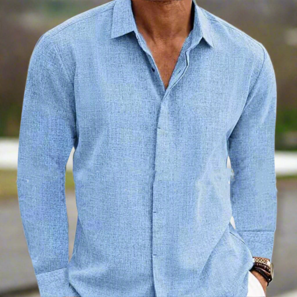 Stylish Long Sleeve Cotton / Linen Shirt Men in light blue, perfect for youth with a loose cardigan fit.