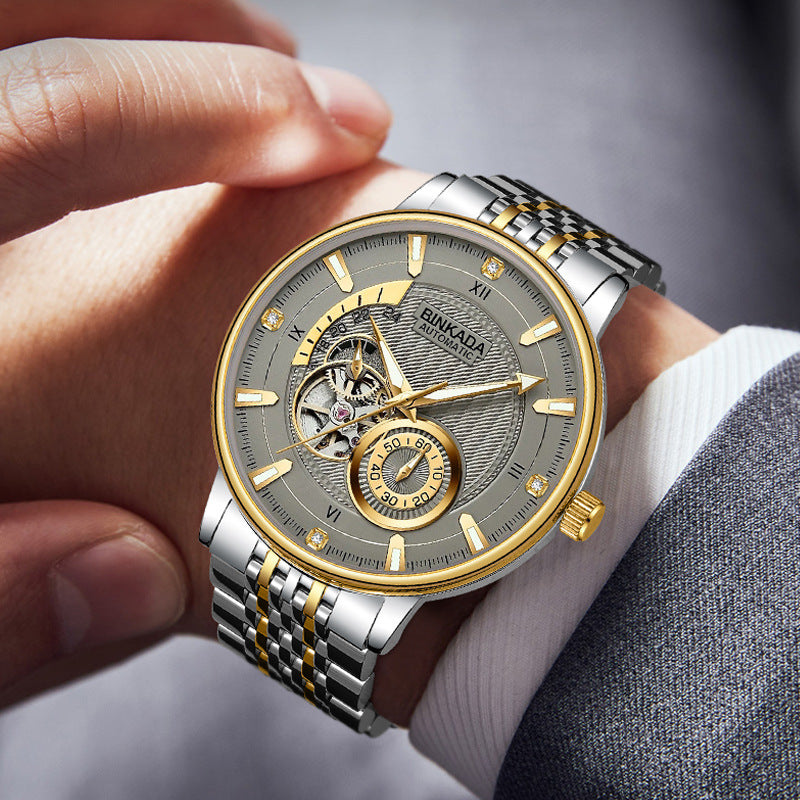 Elegant Binkada Multi-function Automatic Mechanical Watch with a gold white surface, perfect for business occasions.