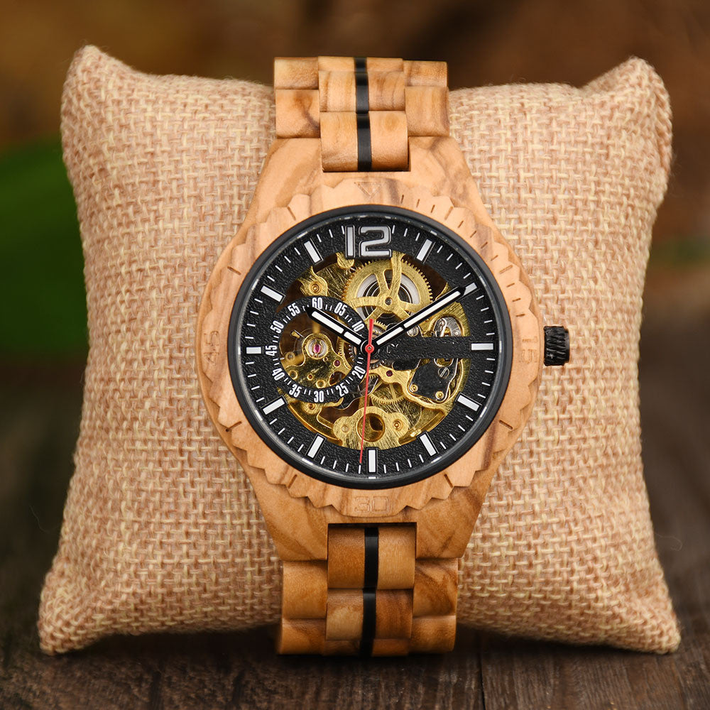 Fully Automatic Wooden Mechanical Watch showcases intricate design and craftsmanship with a natural wood strap.