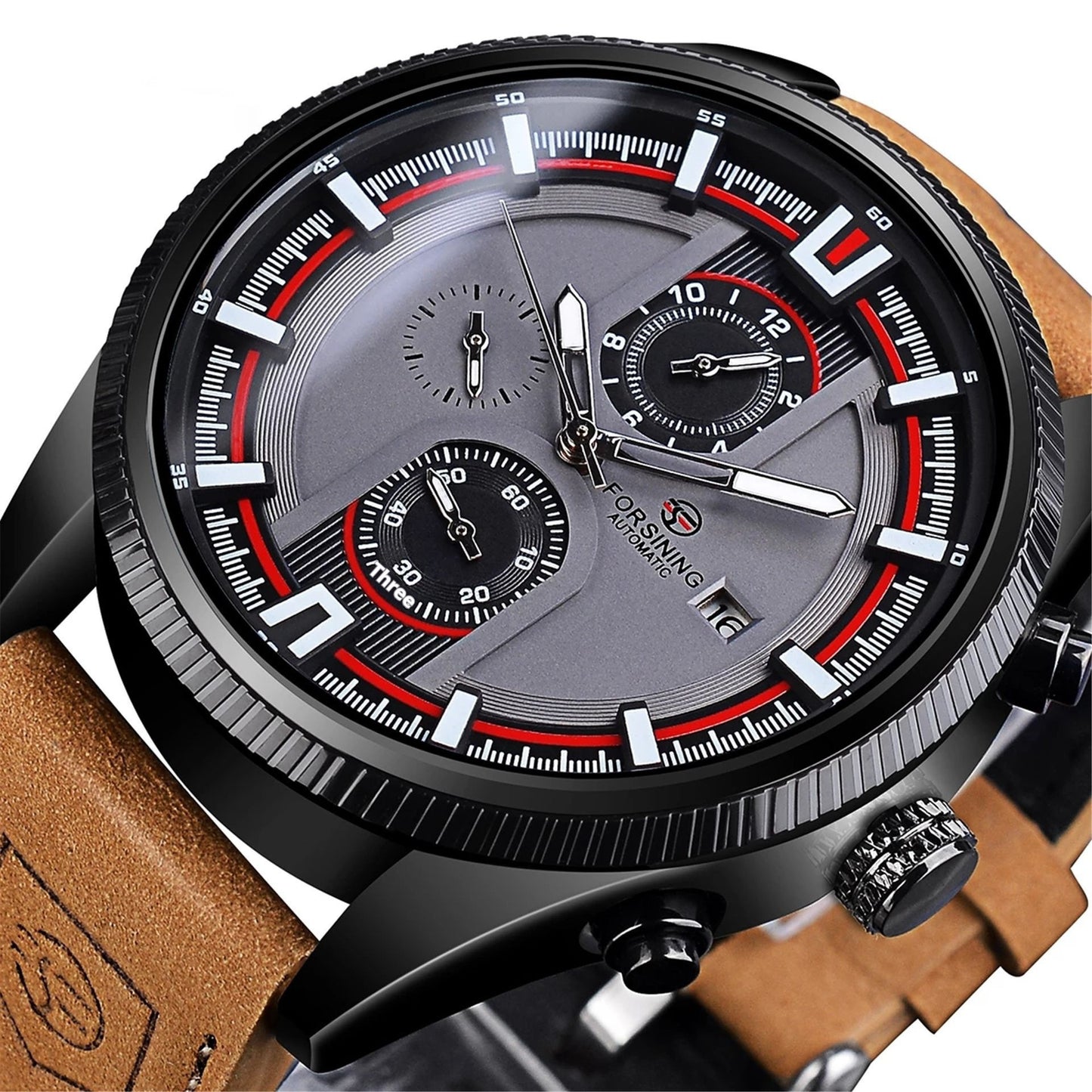 Forsining Automatic Mechanical Watch features a sleek design with a black shell, perfect for sports enthusiasts.