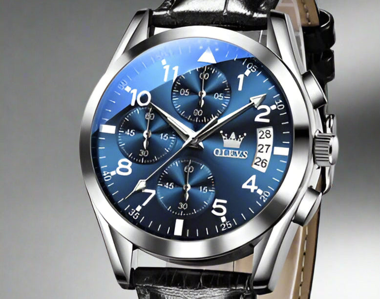 OLEVS Luxury Quartz Watch features a stylish round design with a blue dial and leather strap, perfect for any occasion.