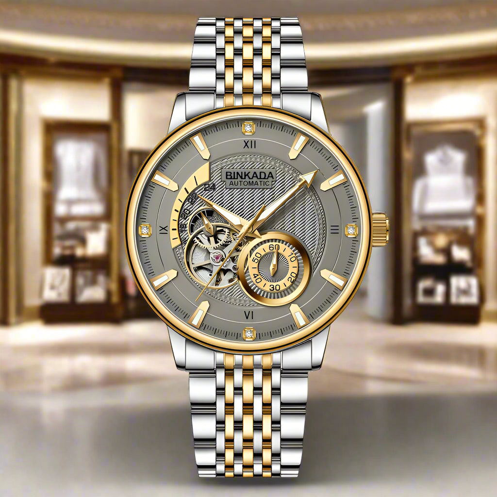 Binkada Multi-function Automatic Mechanical Watch in gold and white, perfect for business style and elegant occasions.