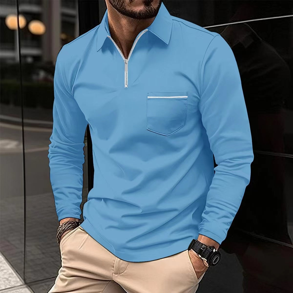 Stylish Long Sleeved Sports Polo Shirt in sky blue, perfect for active wear. Available in multiple colors and sizes.