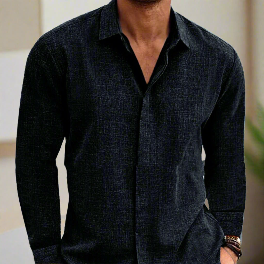 Long Sleeve Cotton / Linen Shirt Men in solid black, featuring a loose cardigan style and hemp blend fabric.