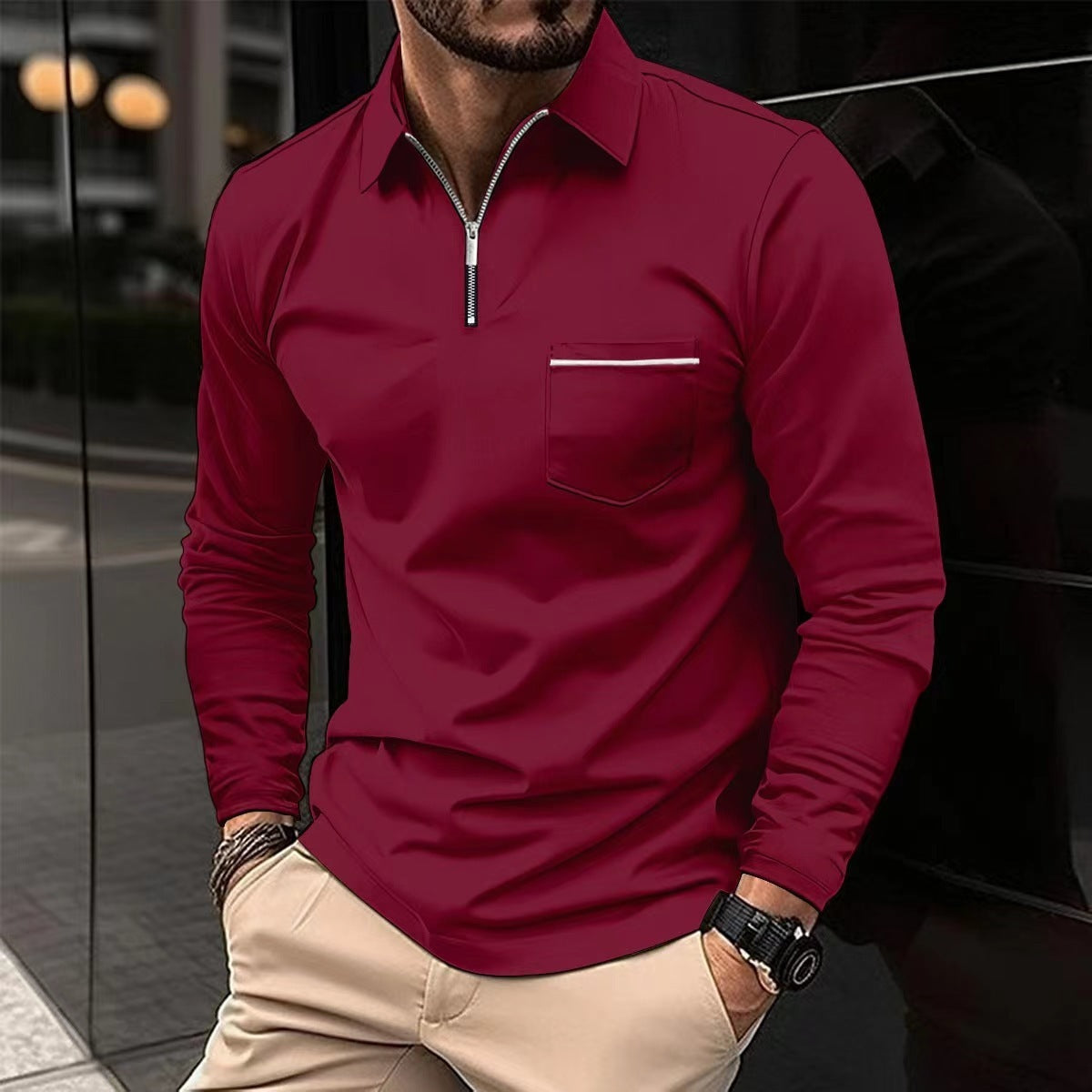 Stylish Long Sleeved Sports Polo Shirt in burgundy, made of polyester, available in various colors and sizes.