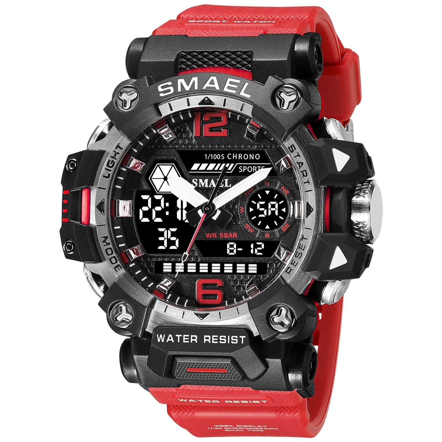 SMAEL Tactical Quartz Watch in red and black, featuring a sporty design and waterproof functionality for men.