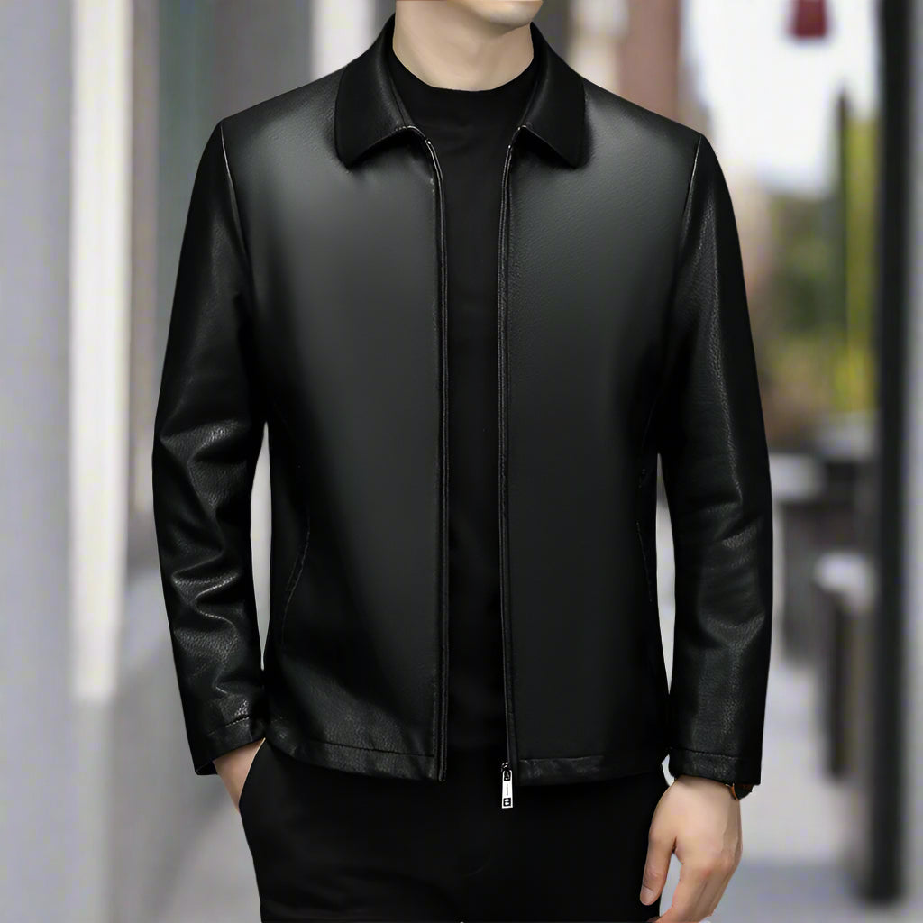 Stylish Ecological Leather Coat in black, perfect for modern fashion. Available in various sizes at [Store Name].