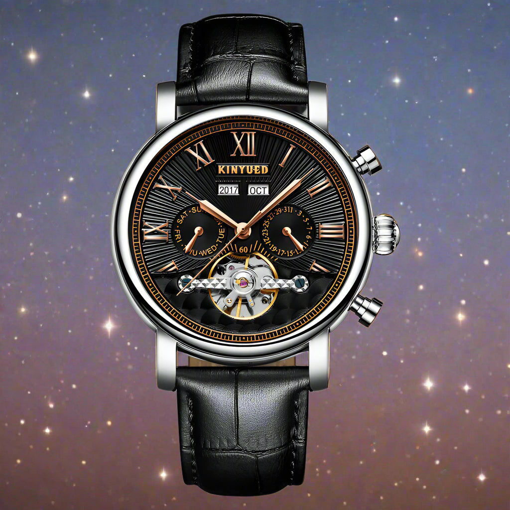 KenYued Automatic Mechanical Leather Watch features a stylish black surface and a durable leather strap for men.