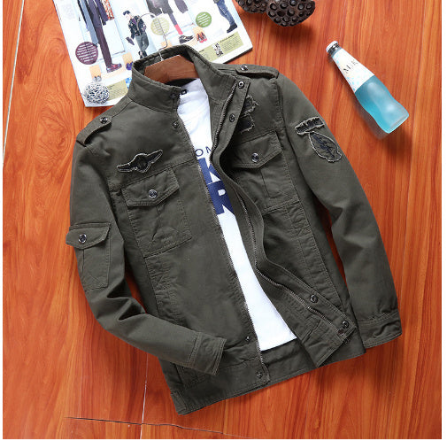 Stylish Military Cargo Coat in army green, featuring a stand collar and multiple pockets, perfect for casual wear.