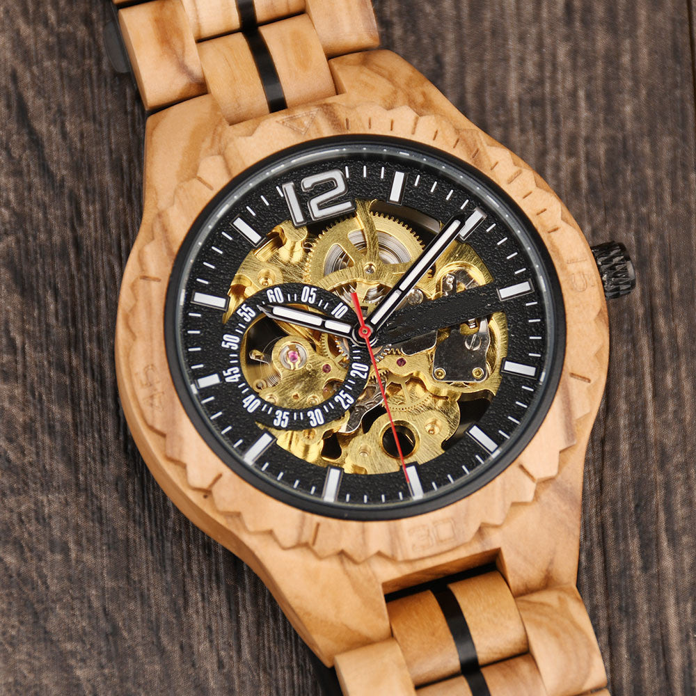 Discover the elegance of our Fully Automatic Wooden Mechanical Watch featuring a stunning wood strap and intricate details.