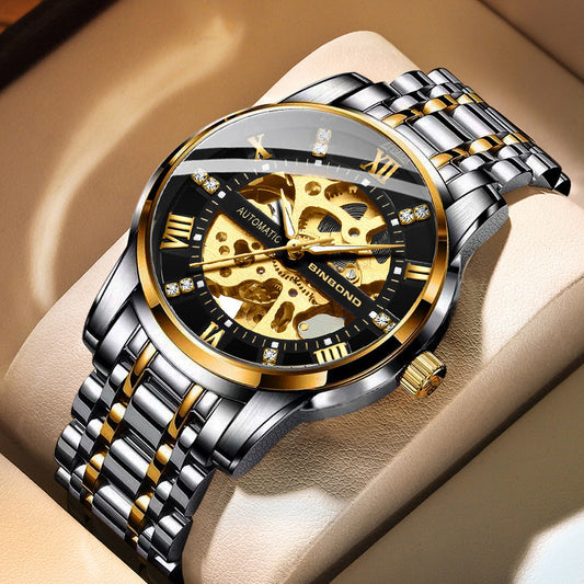 Stylish BinBond Automatic Mechanical Watch features a striking black and gold design with skeleton details.