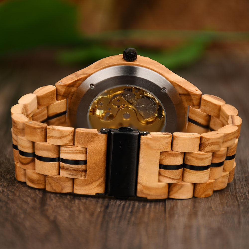 Discover the elegance of the Fully Automatic Wooden Mechanical Watch with its unique wood strap and intricate design.