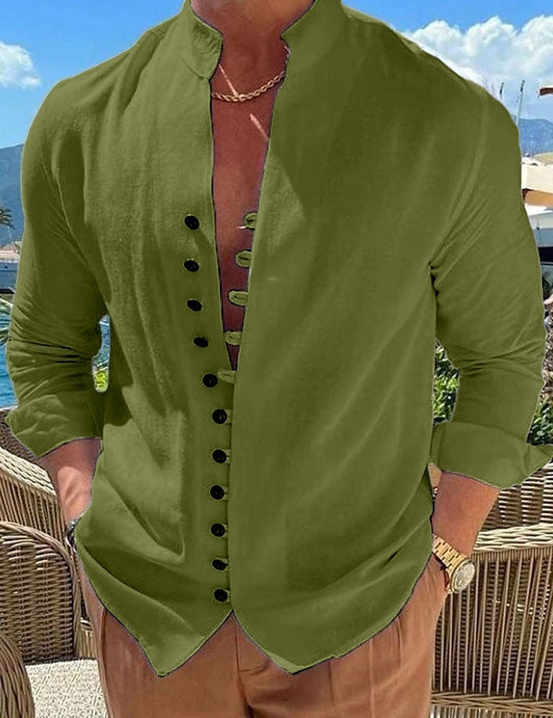 Stylish Cotton And Linen Casual Long Sleeve Shirt in olive green, perfect for casual street style.