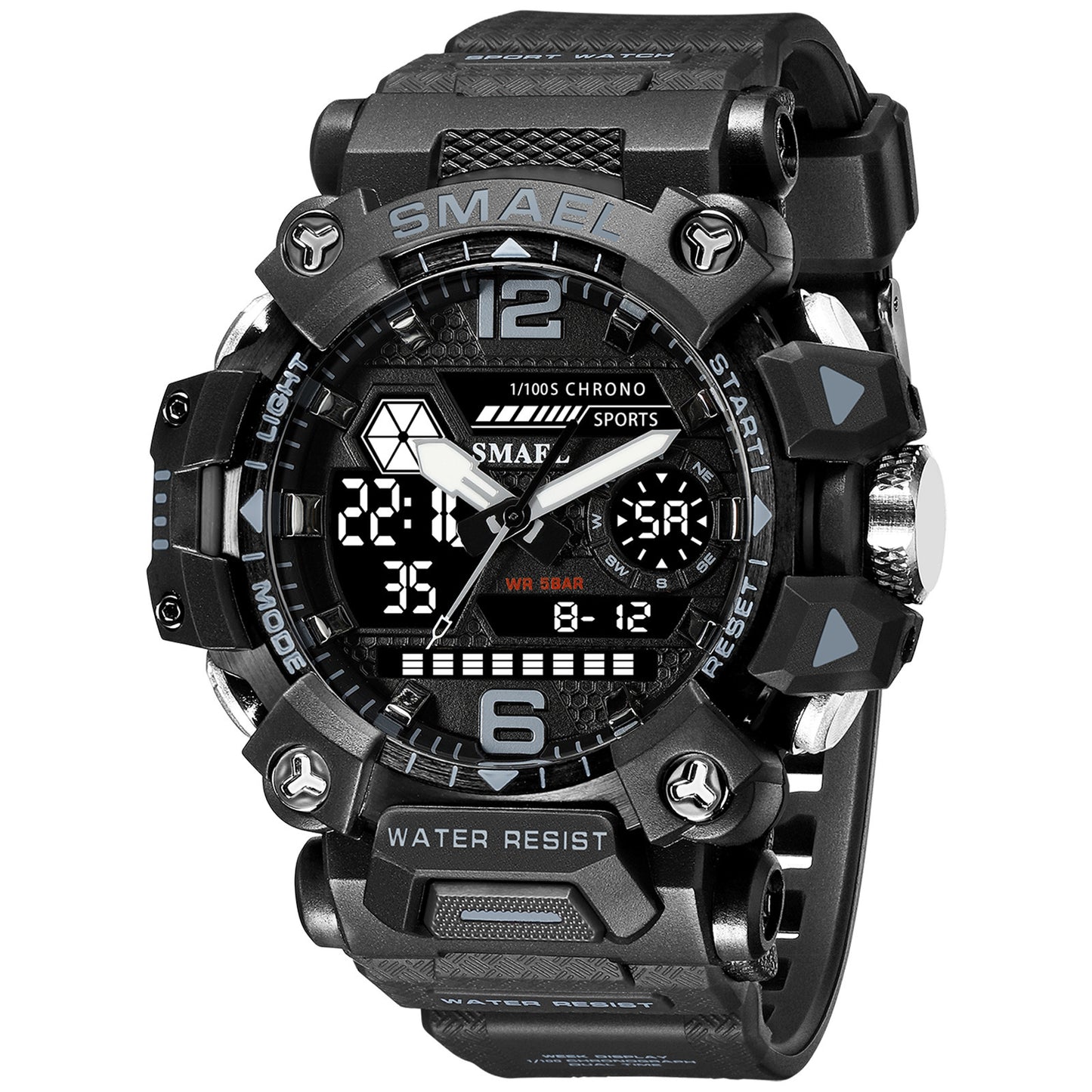 SMAEL Tactical Quartz Watch in black features a sporty design, waterproof capabilities, and robust functionality.