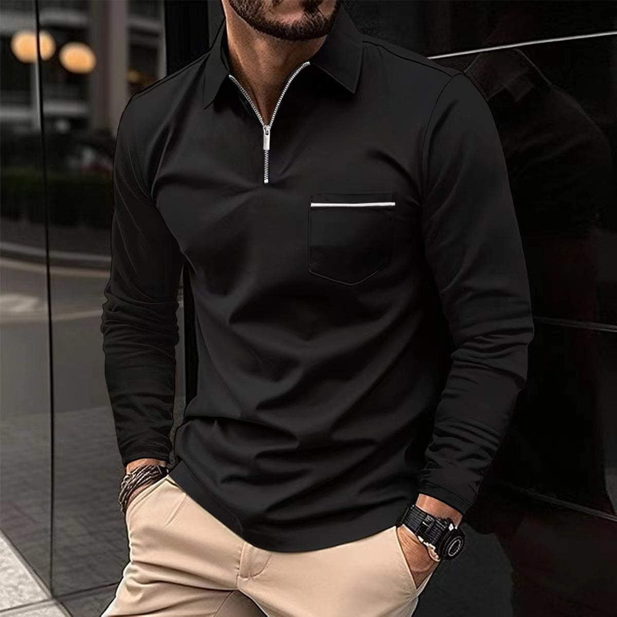 Stylish Long Sleeved Sports Polo Shirt in black, perfect for active wear, available in multiple colors and sizes.