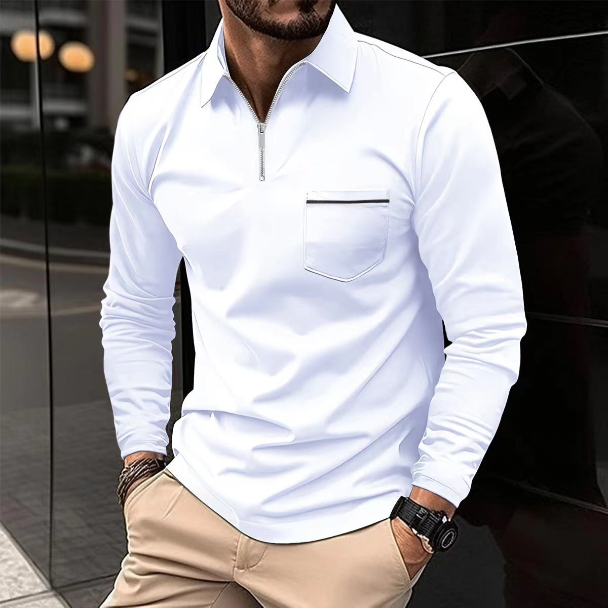 Stylish Long Sleeved Sports Polo Shirt in white, made of polyester, available in various colors and sizes. Perfect for active wear.