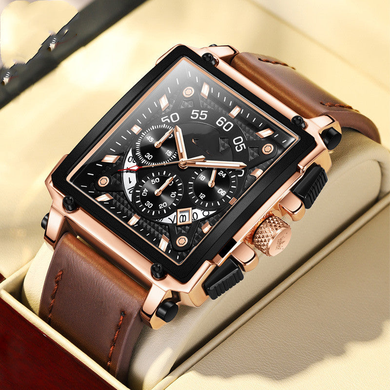 Multifunction Quartz Men's Square Watch with rose-gold case, brown leather strap, black dial and chronograph subdials.