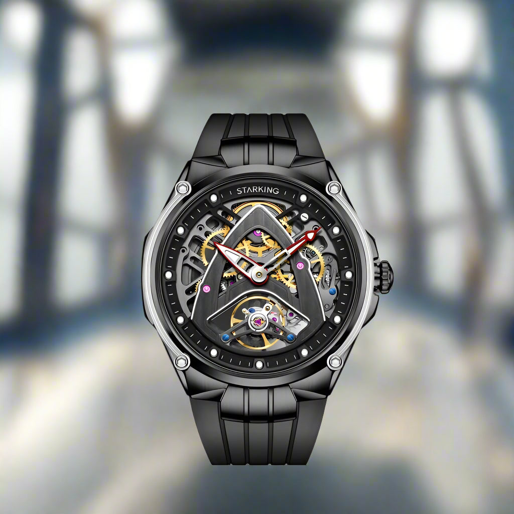Automatic mechanical skeleton watch with black stainless steel case and bracelet, 42mm dial, 50m water resistant.