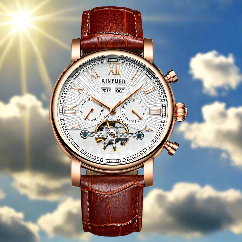 KenYued Automatic Mechanical Leather Watch featuring a stylish silver dial and brown leather strap, perfect for men.