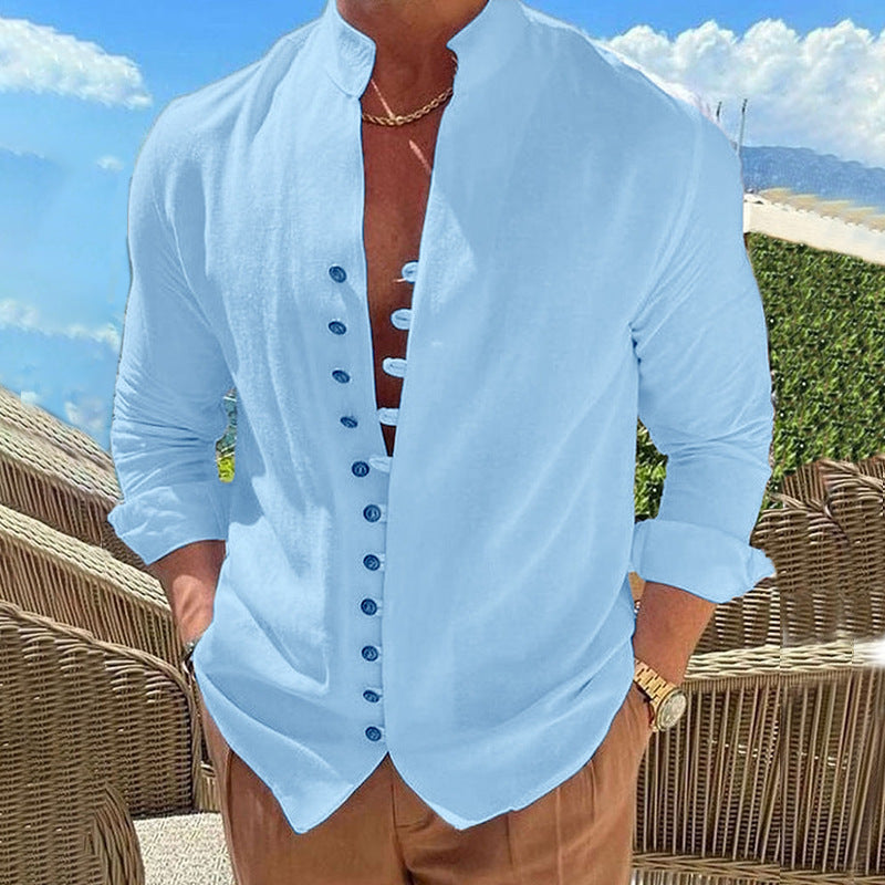 Stylish Cotton And Linen Casual Long Sleeve Shirt in sky blue, perfect for casual street-style outings.