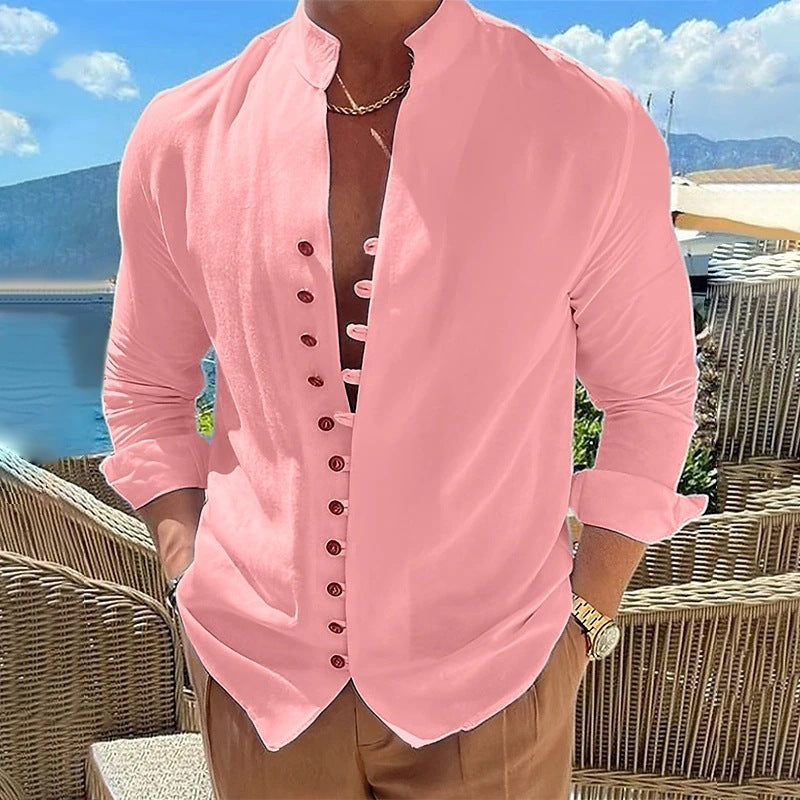 Stylish Cotton And Linen Casual Long Sleeve Shirt in pink, perfect for street style and casual outings.