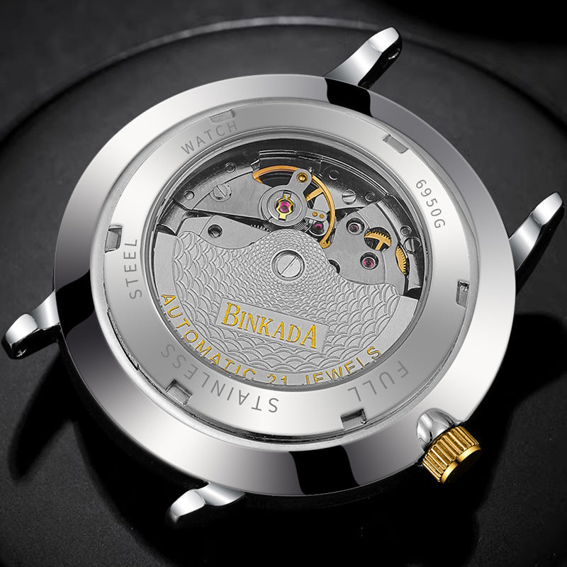 Elegant Binkada Multi-function Automatic Mechanical Watch showcasing a detailed gold and silver design, perfect for men.